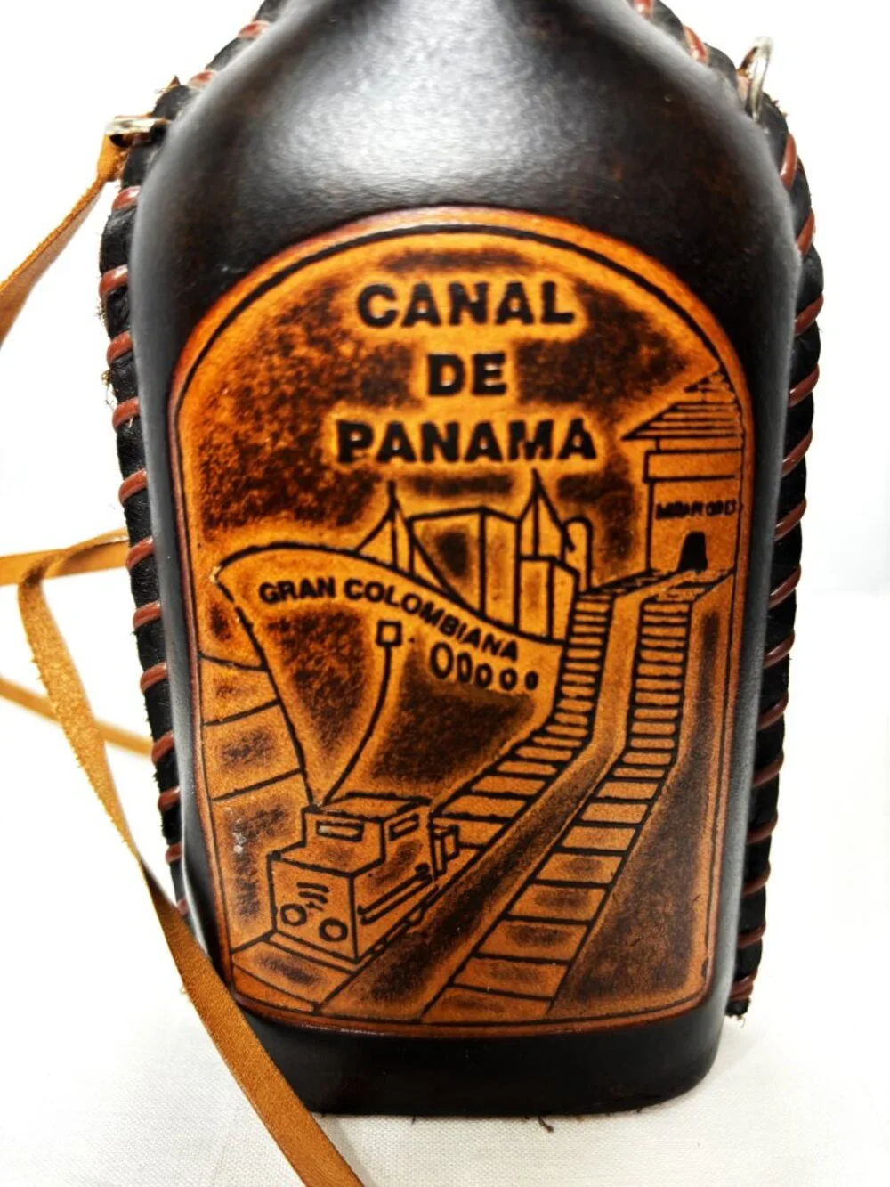VTG Panama Leather Wrapped Glass Bottle Hand Tooled Souvenir Flask Decor